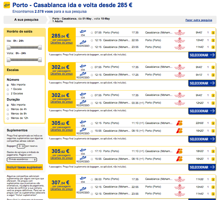 Resultados preços de bilhete de avião Portugal até Marrocos