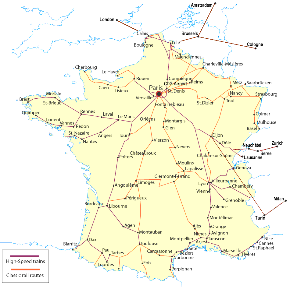 Mapa Linhas de Comboio TGV na França 23