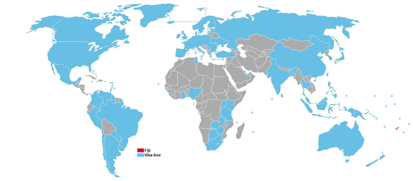 Mapa com países isentos de visto para as Fiji
