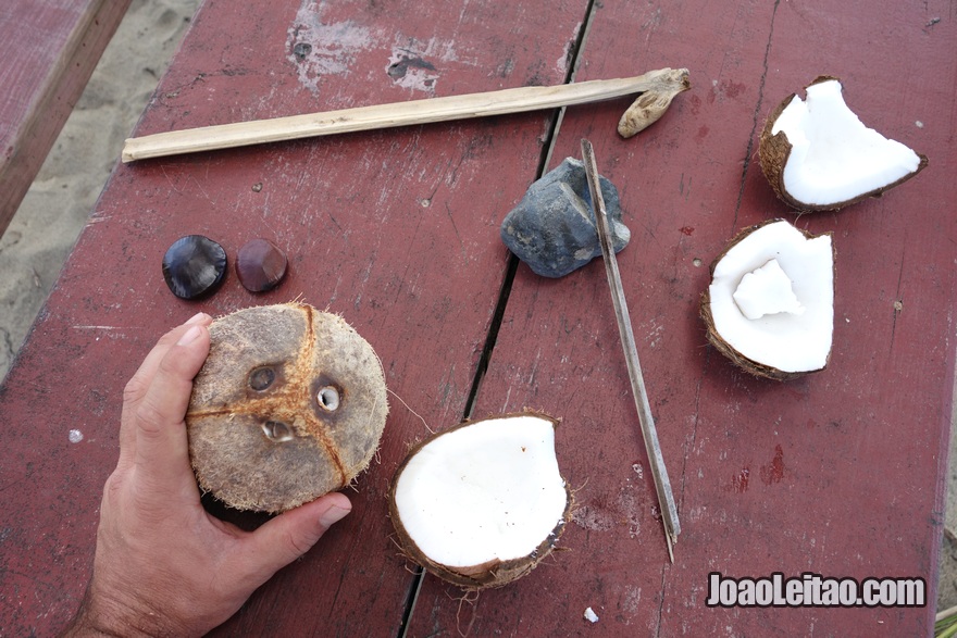 Arranjar ferramentas para abrir cocos na praia