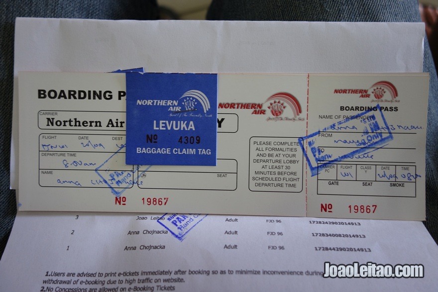 Bilhete e boarding pass do Avião desde Suva até Levuka nas Ilhas Fiji