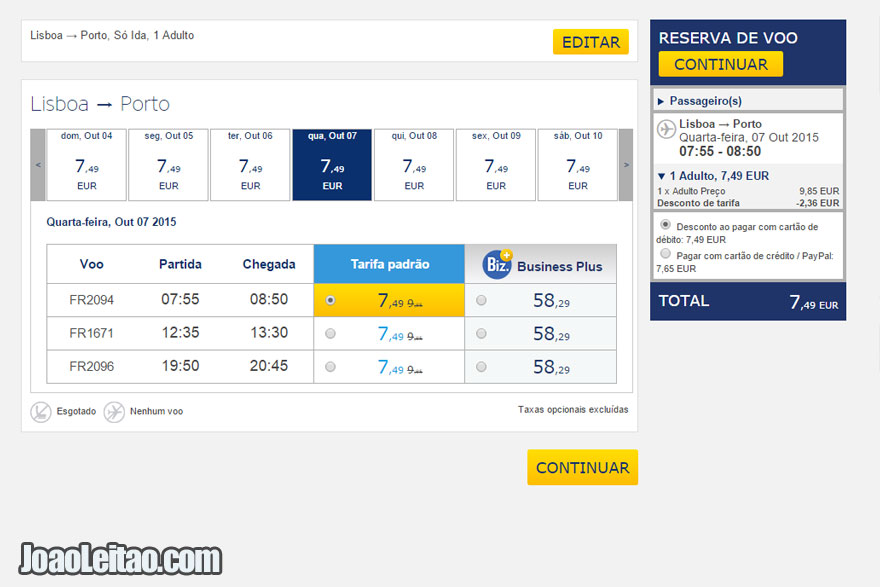 Avião Lisboa Porto 7 Euros - Ryanair Lowcost