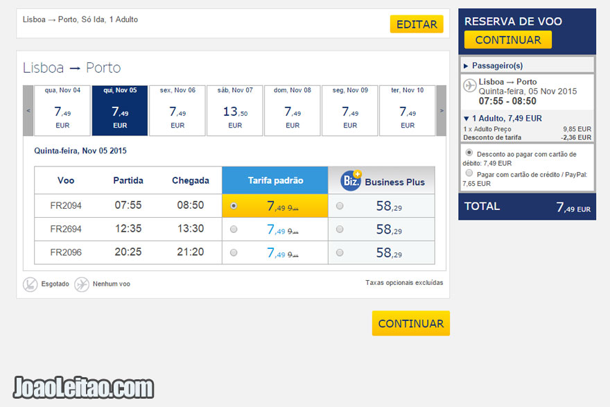 Avião Lisboa Porto 7 Euros - Ryanair Lowcost