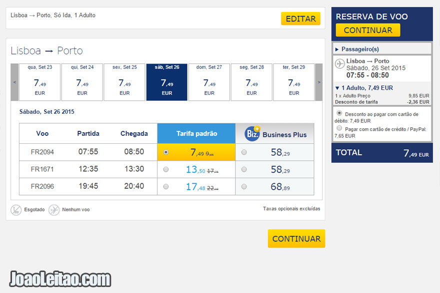 Avião Lisboa Porto 7 Euros - Ryanair Lowcost