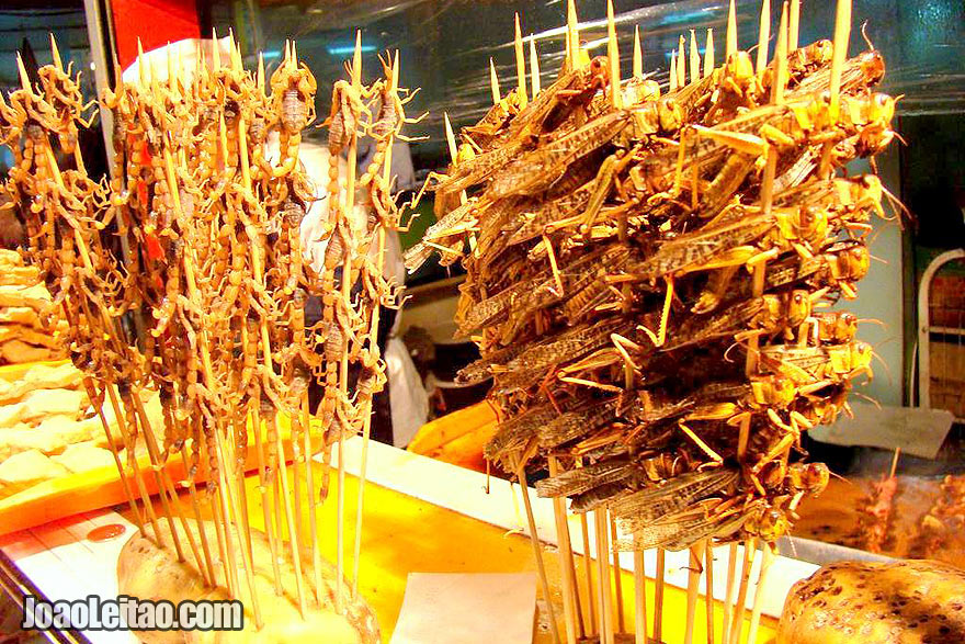 Mercado Donghuamen em Pequim, podemos ver escorpiões e gafanhotos prontos para fritar