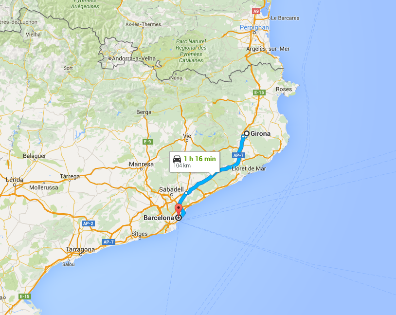 Mapa do itinerário de autocarro desde Girona até Barcelona
