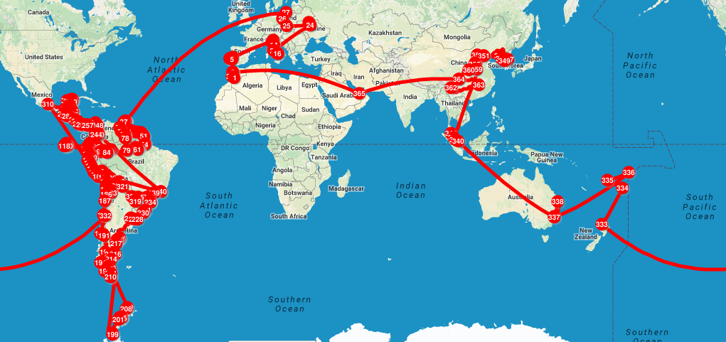 Mapa de Viagem Volta ao Mundo em 18 meses