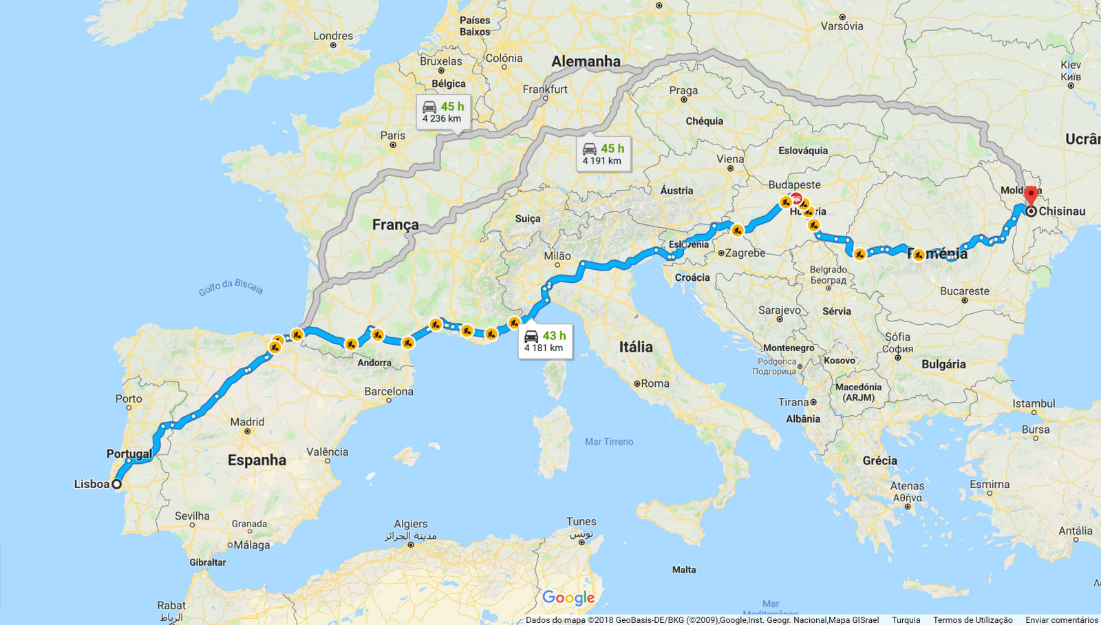 Mapas com Distâncias entre Portugal e as Capitais Europeias