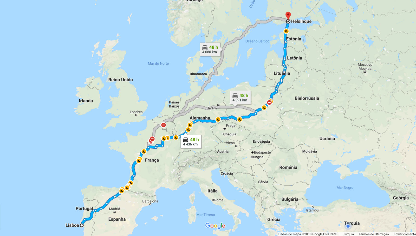 Mapas com Distâncias entre Portugal e as Capitais Europeias