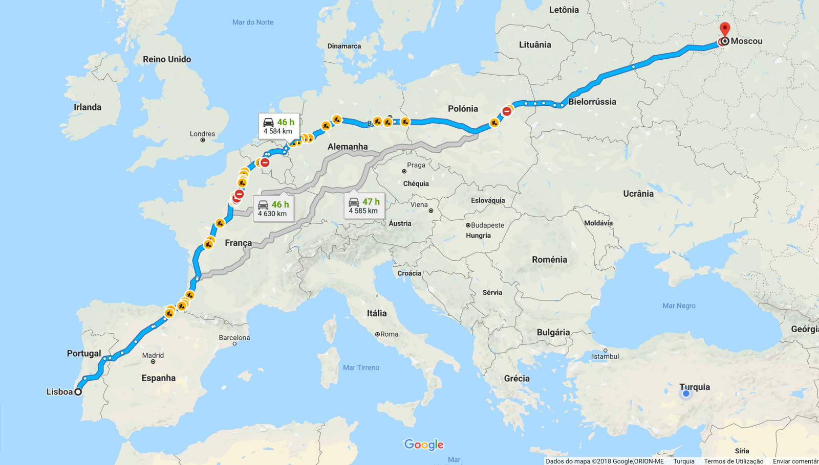 Mapas com Distâncias entre Portugal e as Capitais Europeias