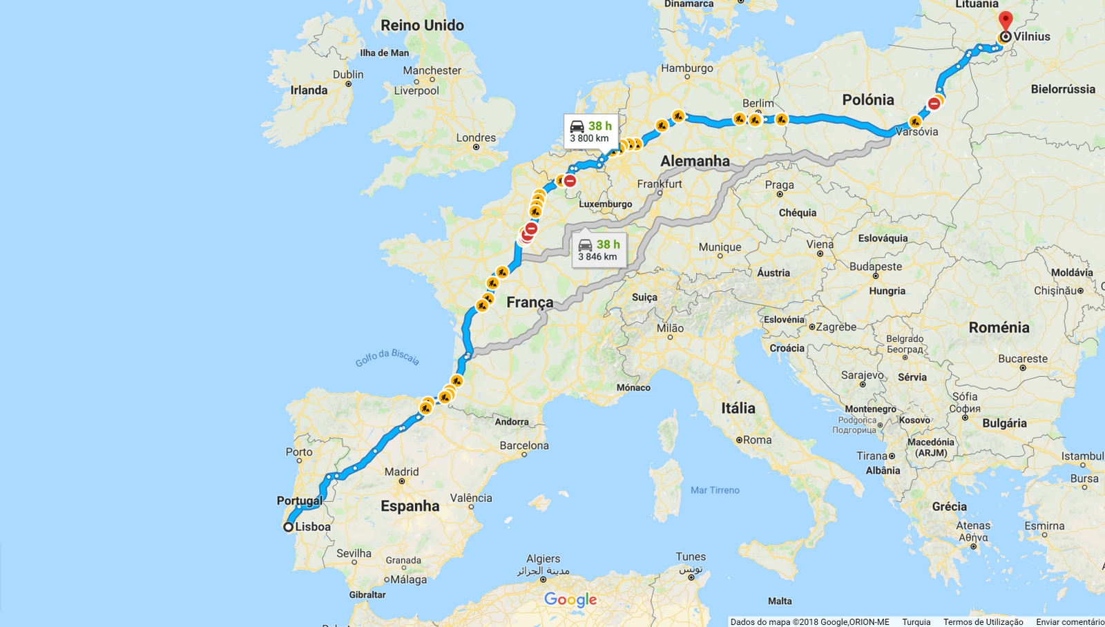 Mapas com Distâncias entre Portugal e as Capitais Europeias