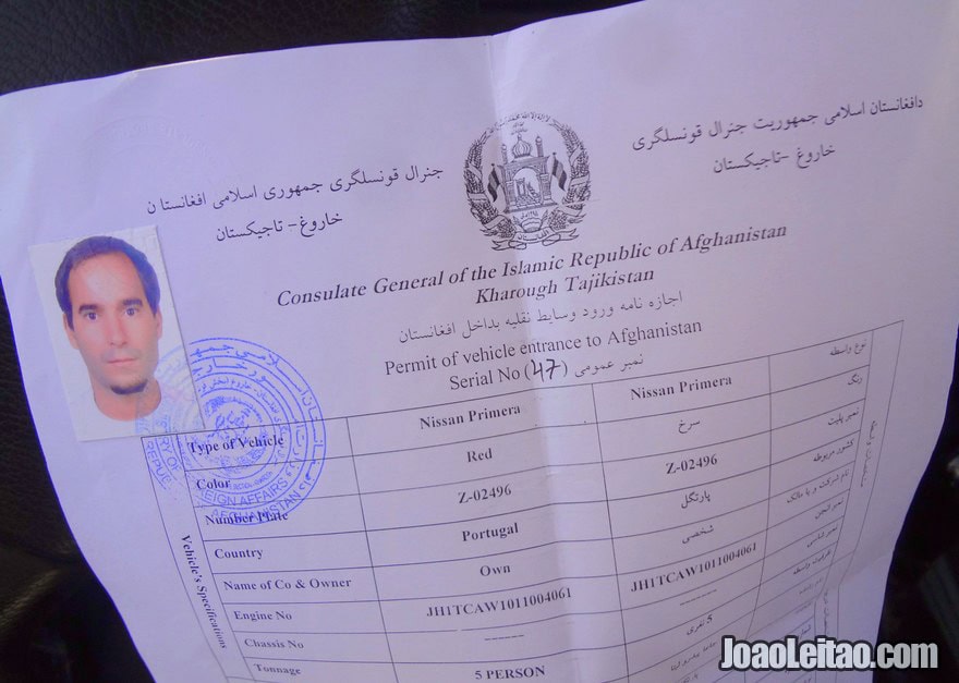 Road permit of vehicle entrance to Afghanistan