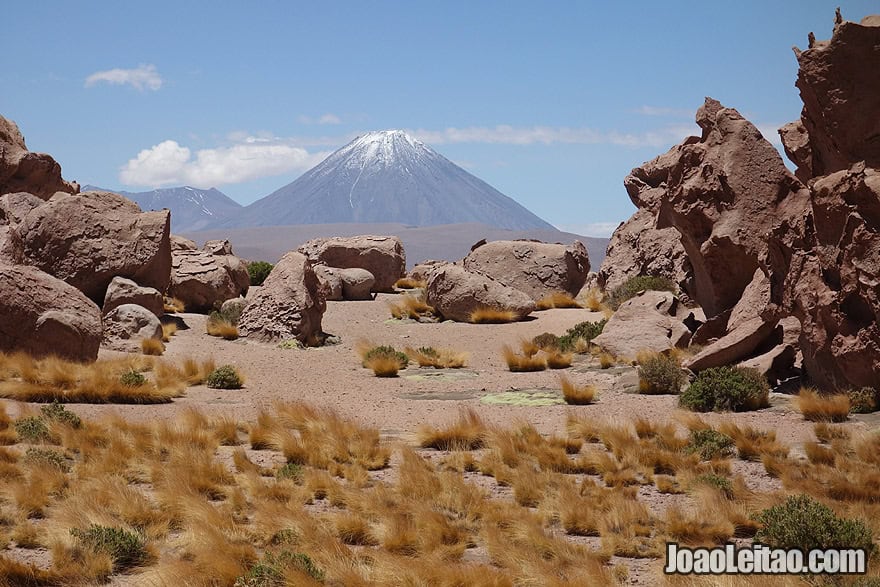 Rocks and Volcano view in Atacama Desert