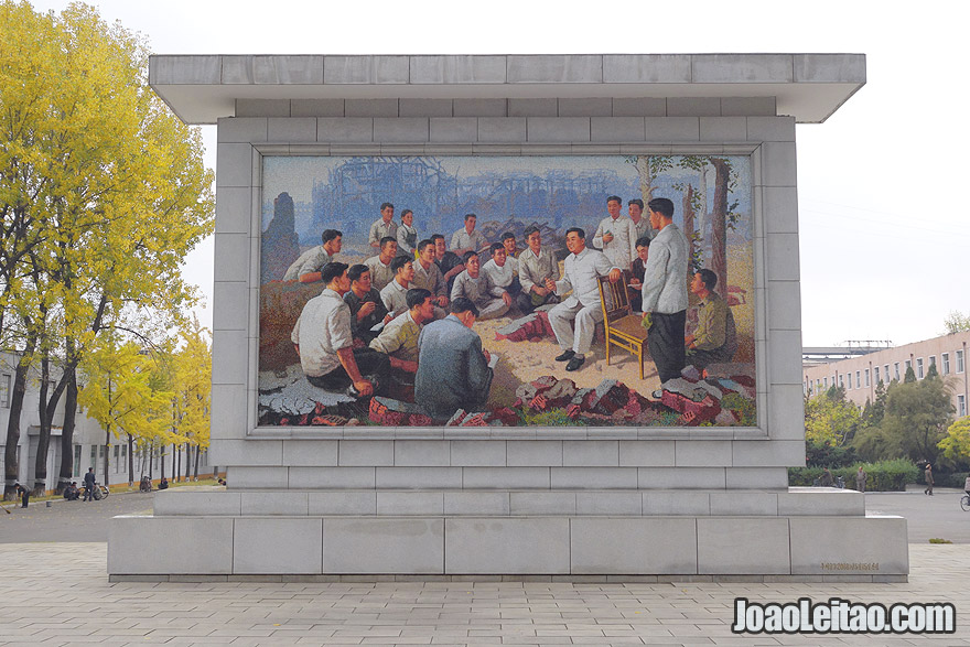 A very beautiful mural in Chollima Steel Factory depicts the DPRK leader Kim Il Sung talking to workers. The actual stone where he sited is still in place.