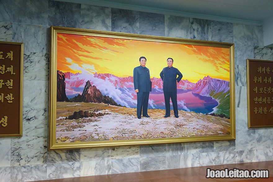 This is a famous painting of the leaders North Korea, Kim Il-sung and Kim Jong-il