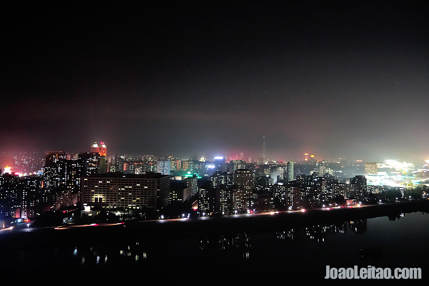 The upper view of Pyongyang by night is amazing.