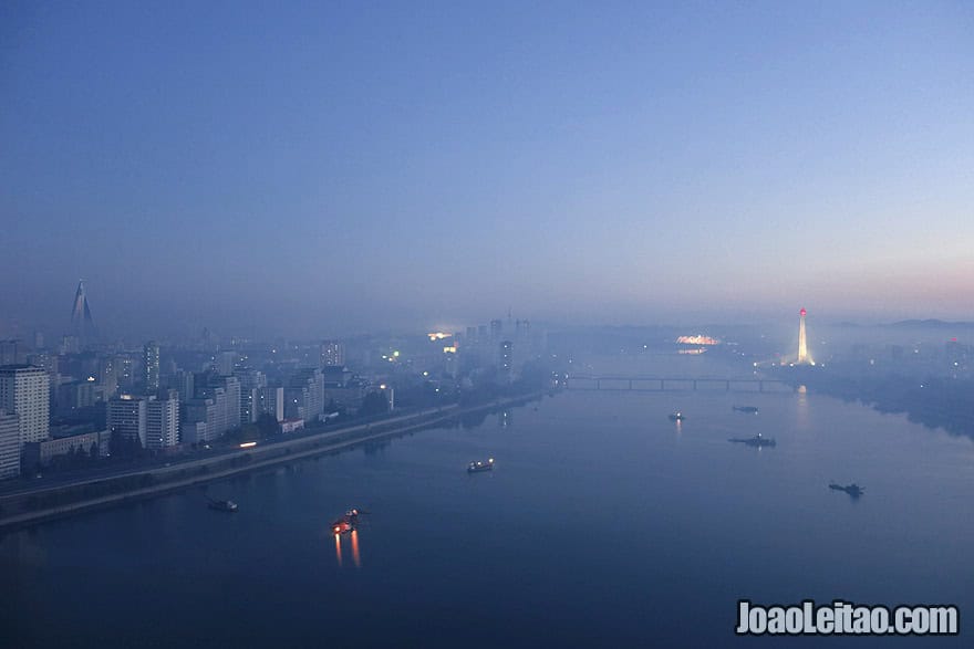 My bedroom view from the 29th floor at the Yanggakdo International Hotel in Pyongyang