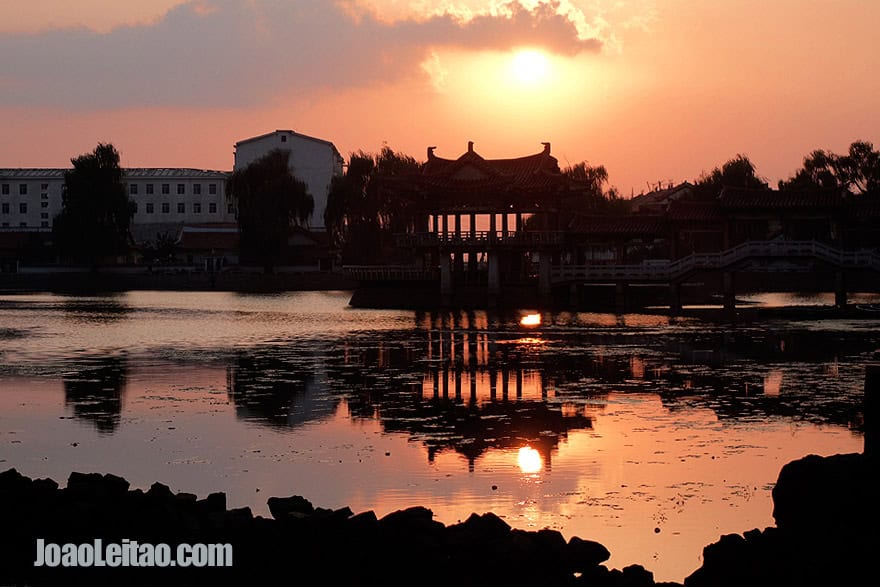 Sunset in Sariwon. Amazing strong red colors with the nice reflex on the lake.