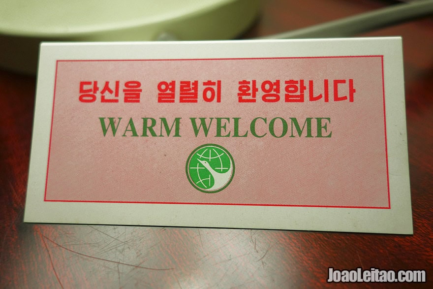 "Warm Welcome" card in Yanggakdo International Hotel bedroom