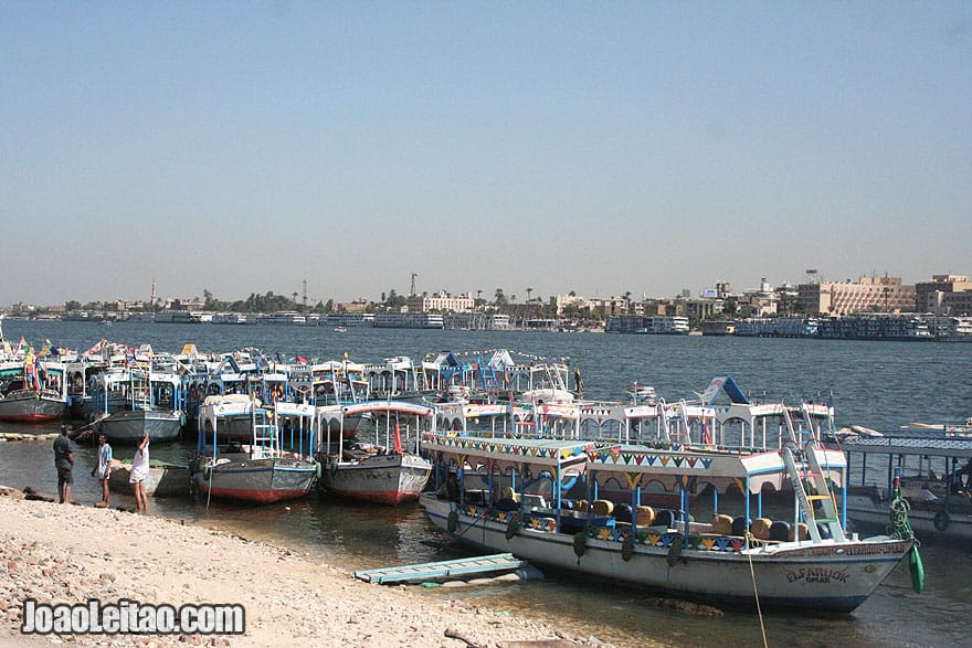 Boats anchored on the shore of the West Bank of Luxor