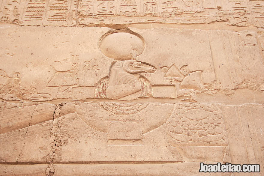 Ancient Egyptian hieroglyphic carvings at Karnak Temple in Luxor