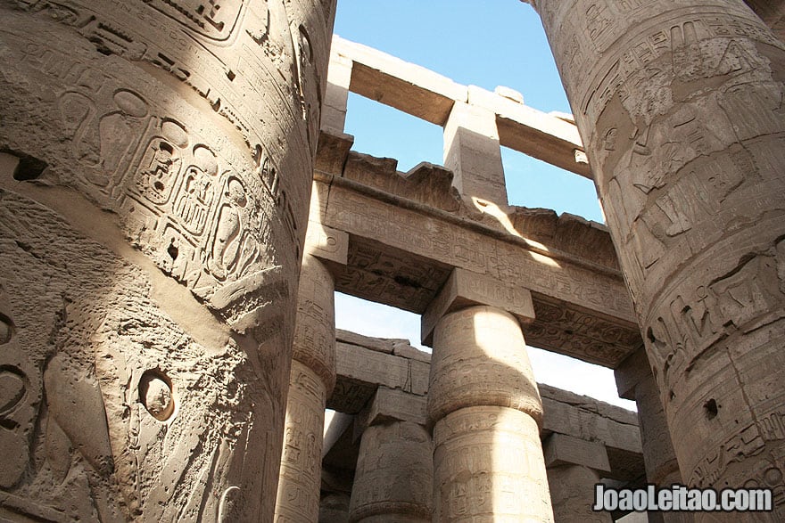 Decorated stone columns  with hieroglyphs at the Karnak temple