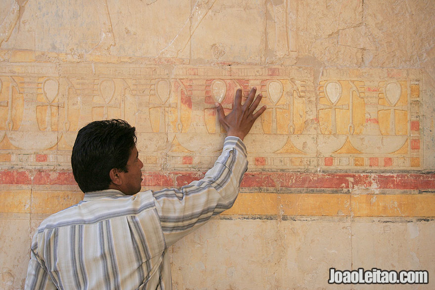 Egyptian guide explaining the Mortuary Temple of Hatshepsut in Luxor
