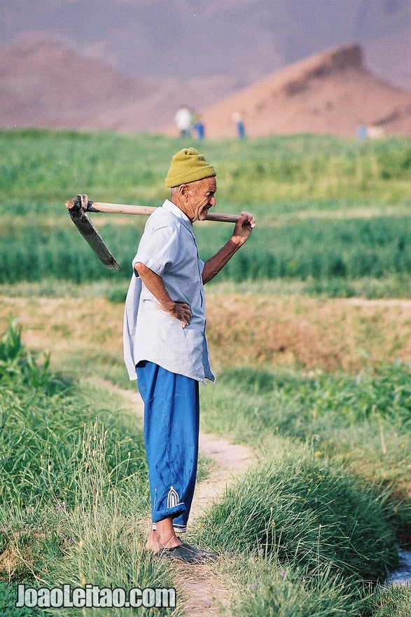 Photo of man working on the fields of Tamtettoucht in the Atlas Mountains, Morocco