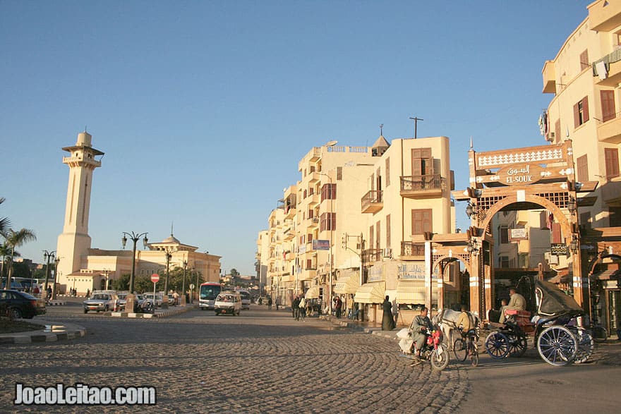 Market and mosque in Luxor City located on the East bank of the Nile