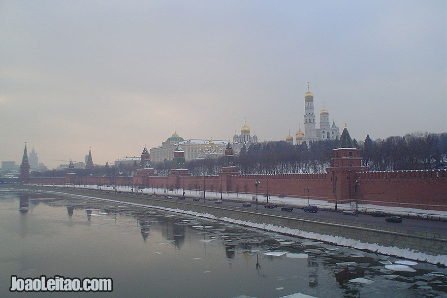 The historic fortified complex of The Moscow Kremlin and the overlooking Moskva River