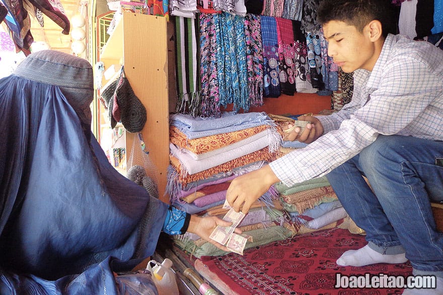 Woman with Afghan Burqa in Mazar-i-Sharif Bazaar