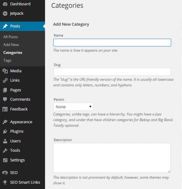 Creating categories on WordPress