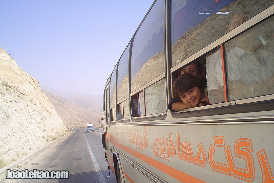Children on the bus to Shiraz crossing the Zagros Mountains