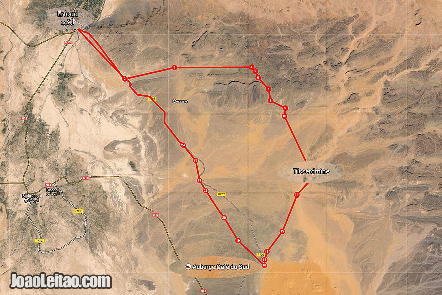 Map of itinerary of Motorcycle ride in Sahara Desert