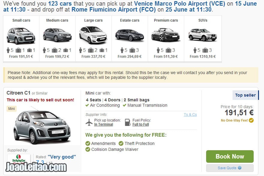 Online car rental to pick up in Venice