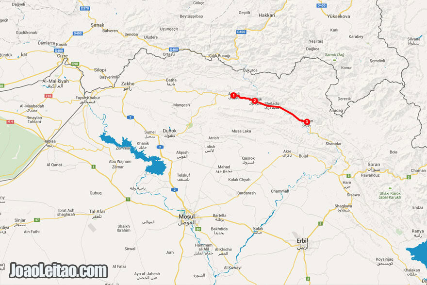 Map of itinerary of my road trip in Iraq