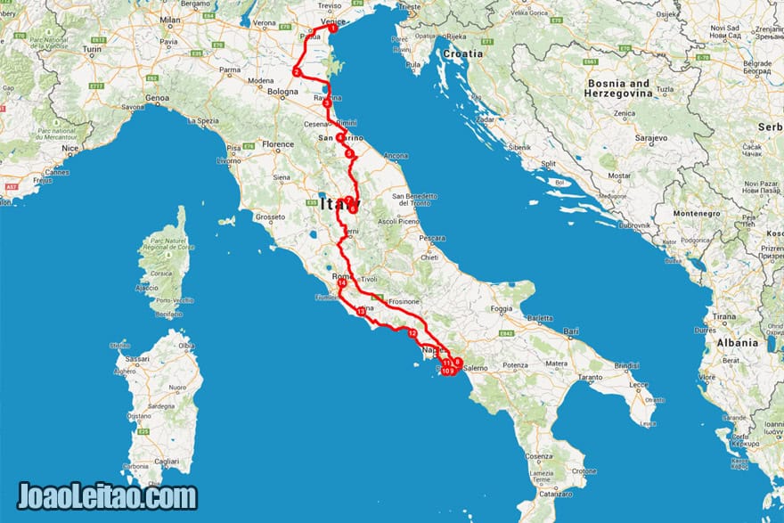 Map of Italy road trip