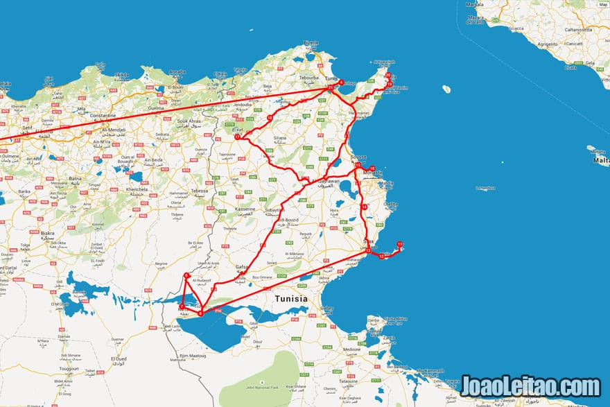 Map of trip to Tunisia