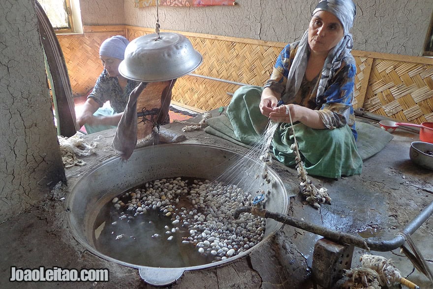 Woman preparing silk in Margilan