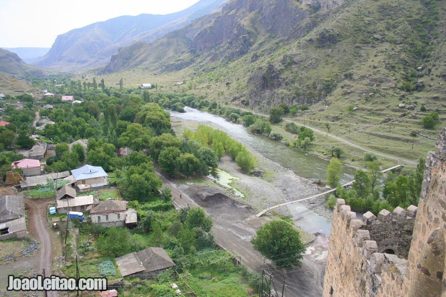 Panoramic view of Mtkvari River and the valley, Khertvisi Fortress in Georgia