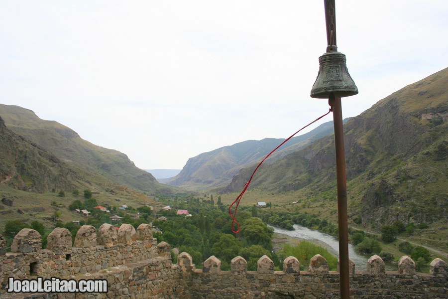 Church bell and view over the valley, Khertvisi Fortress in Georgia