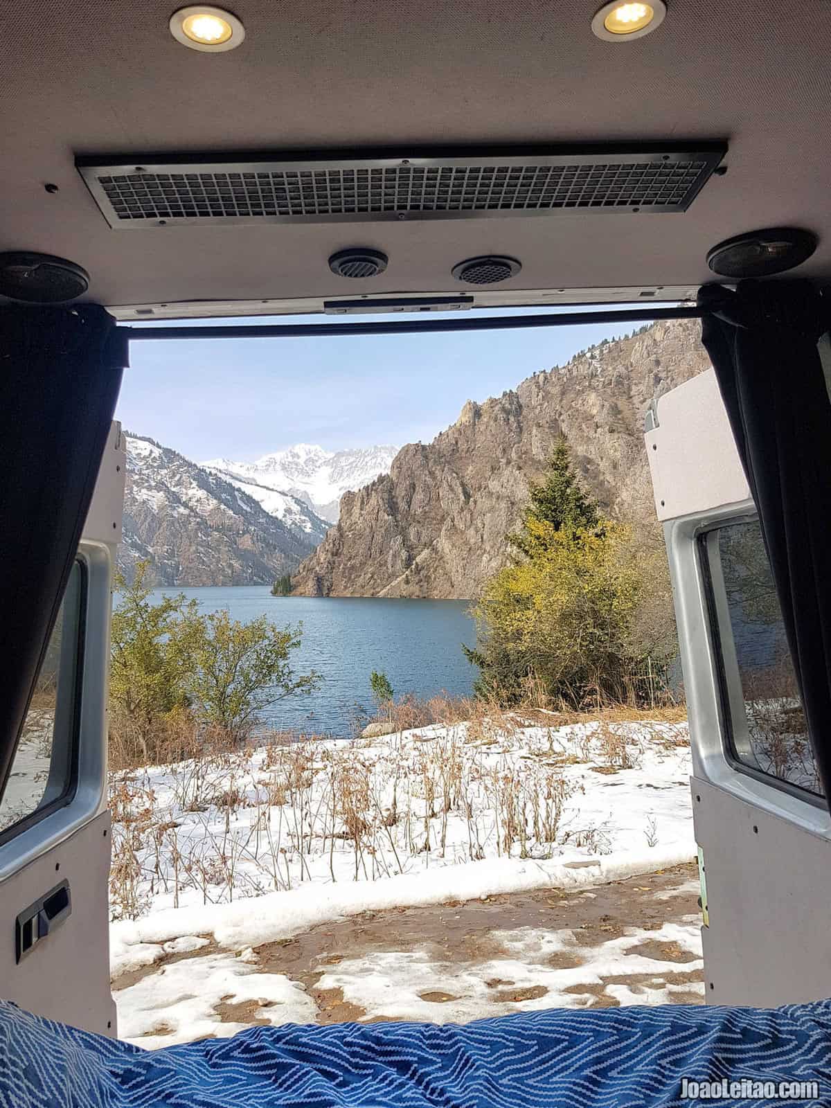 Campervan back door view at Lake Sary-Chelek