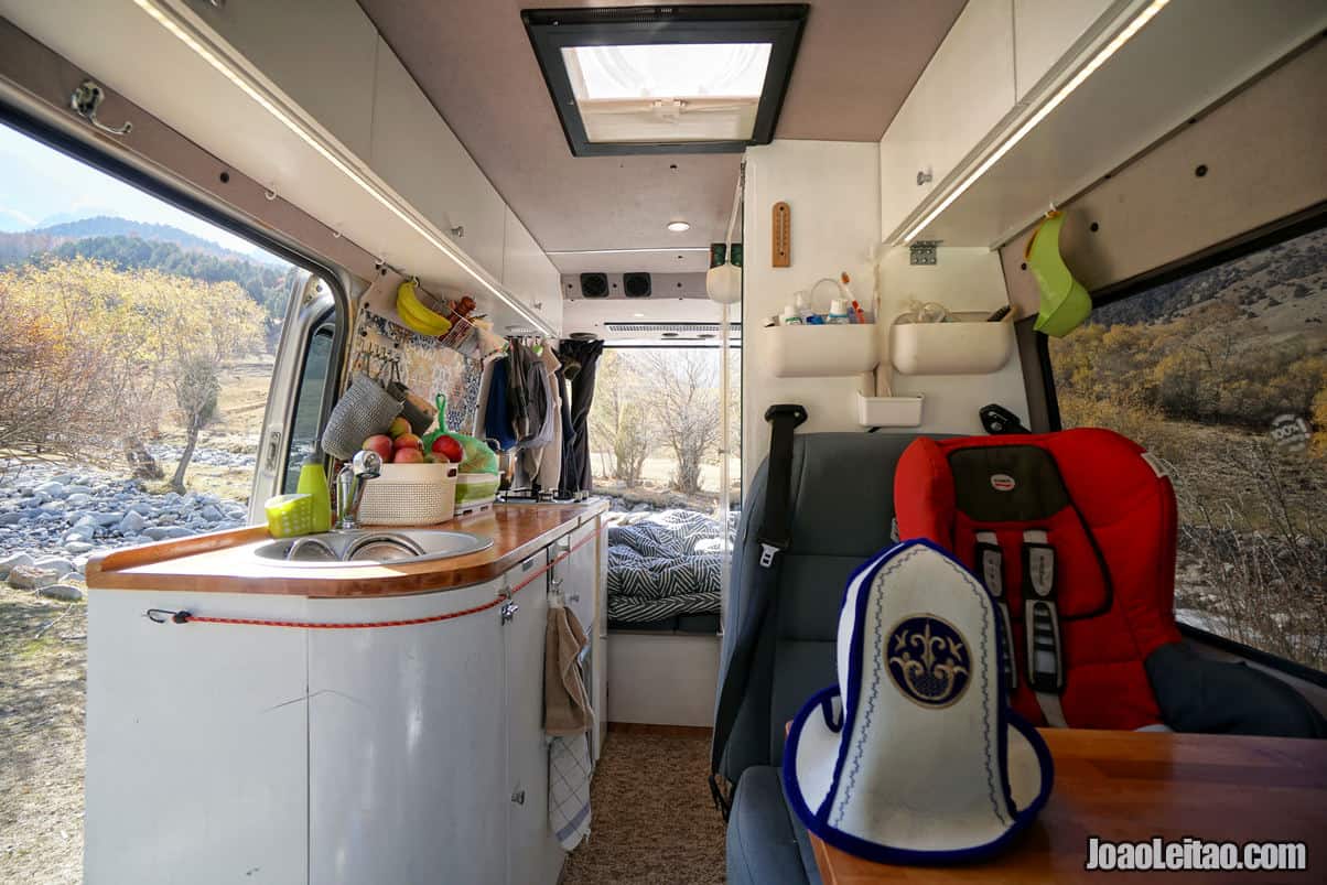 Mercedes Sprinter campervan interior at Kyrgyz Ata National Park