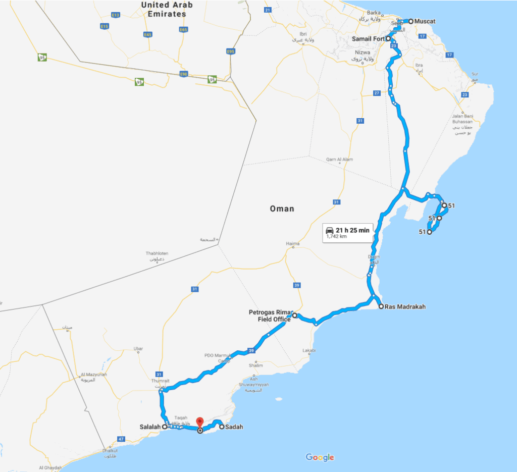 Oman road trip, map Muscat to Salalah