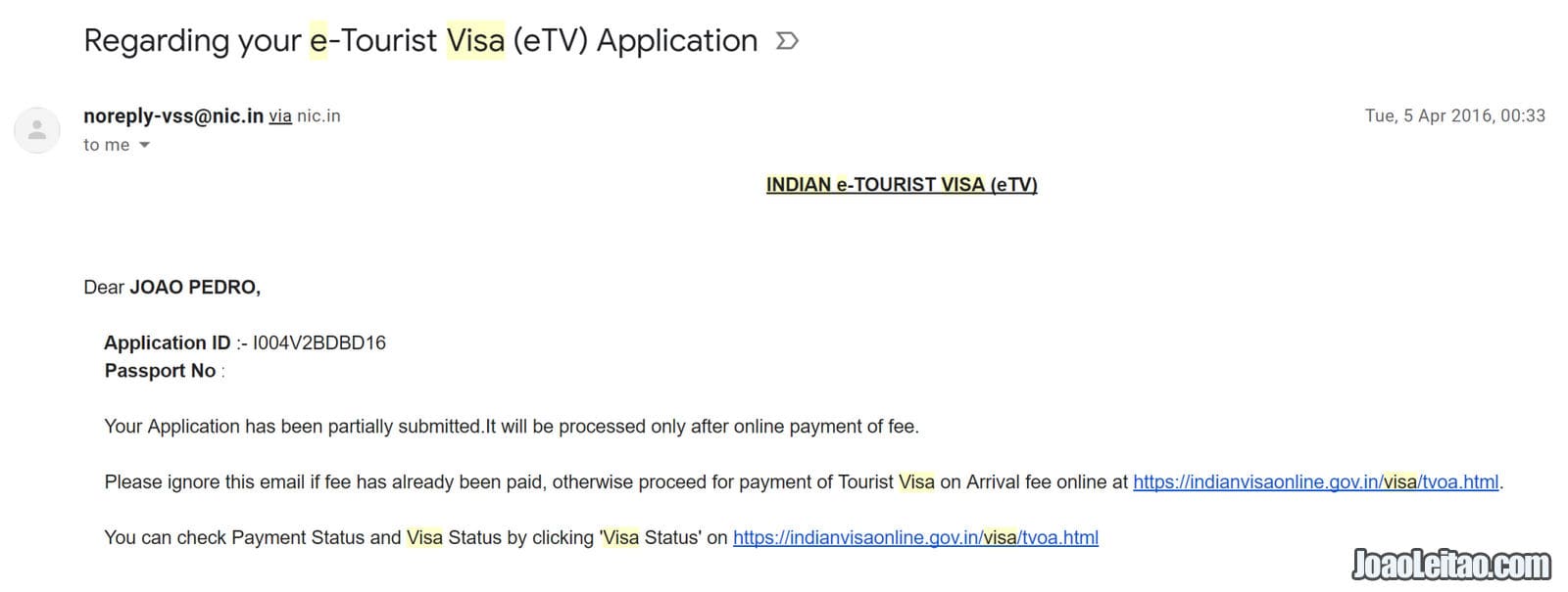 CONFIRMATION OF INDIA VISA APPLICATION, BUT MISSING PAYMENT 