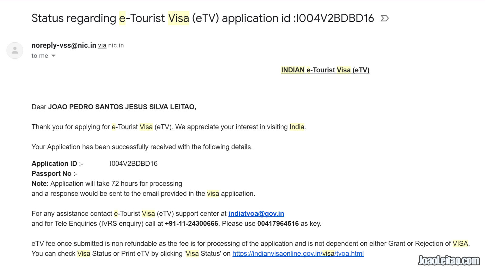 CONFIRMATION COMPLETING THE INDIA VISA APPLICATION