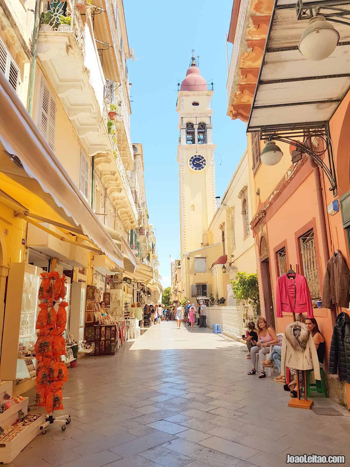 Vlassopoulou Theano street with Saint Spyridon Church in Corfu