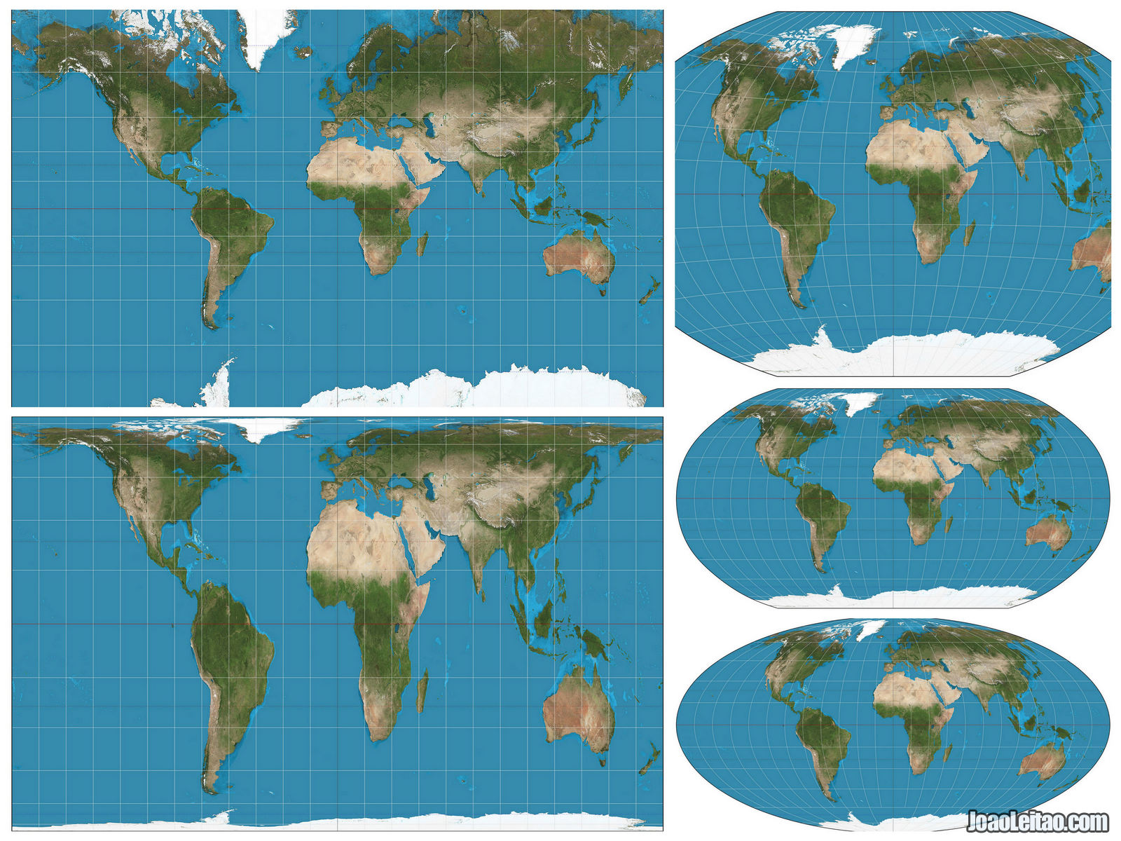 Several projections of a world map