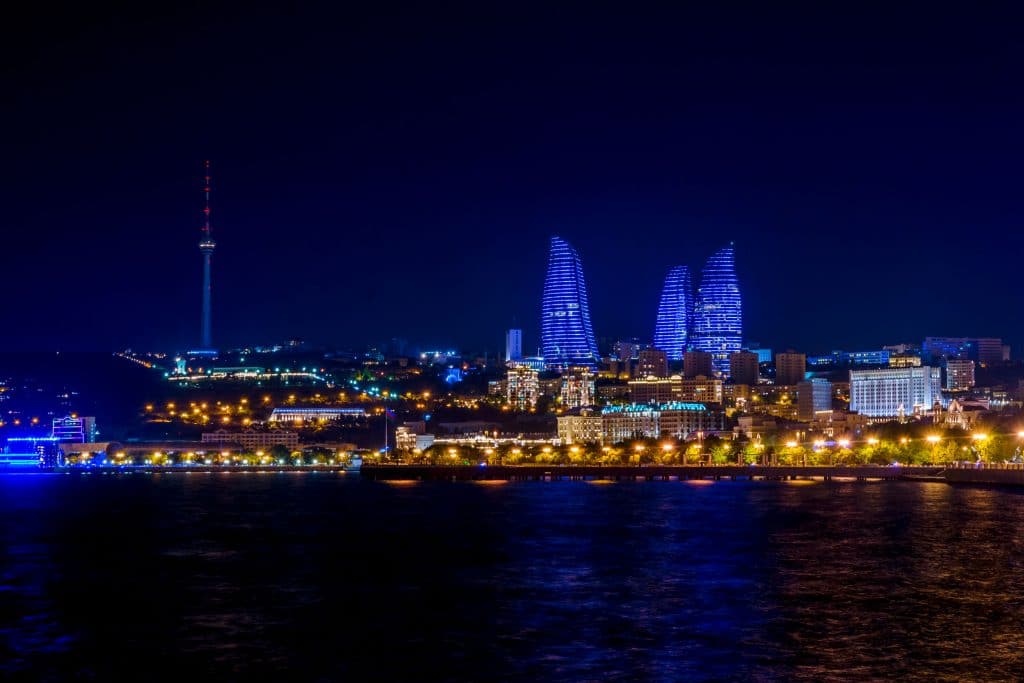 Baku downtown and flame towers illuminated at night