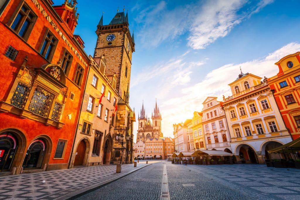 View of the town Hall and Temple of Our Lady in Prague